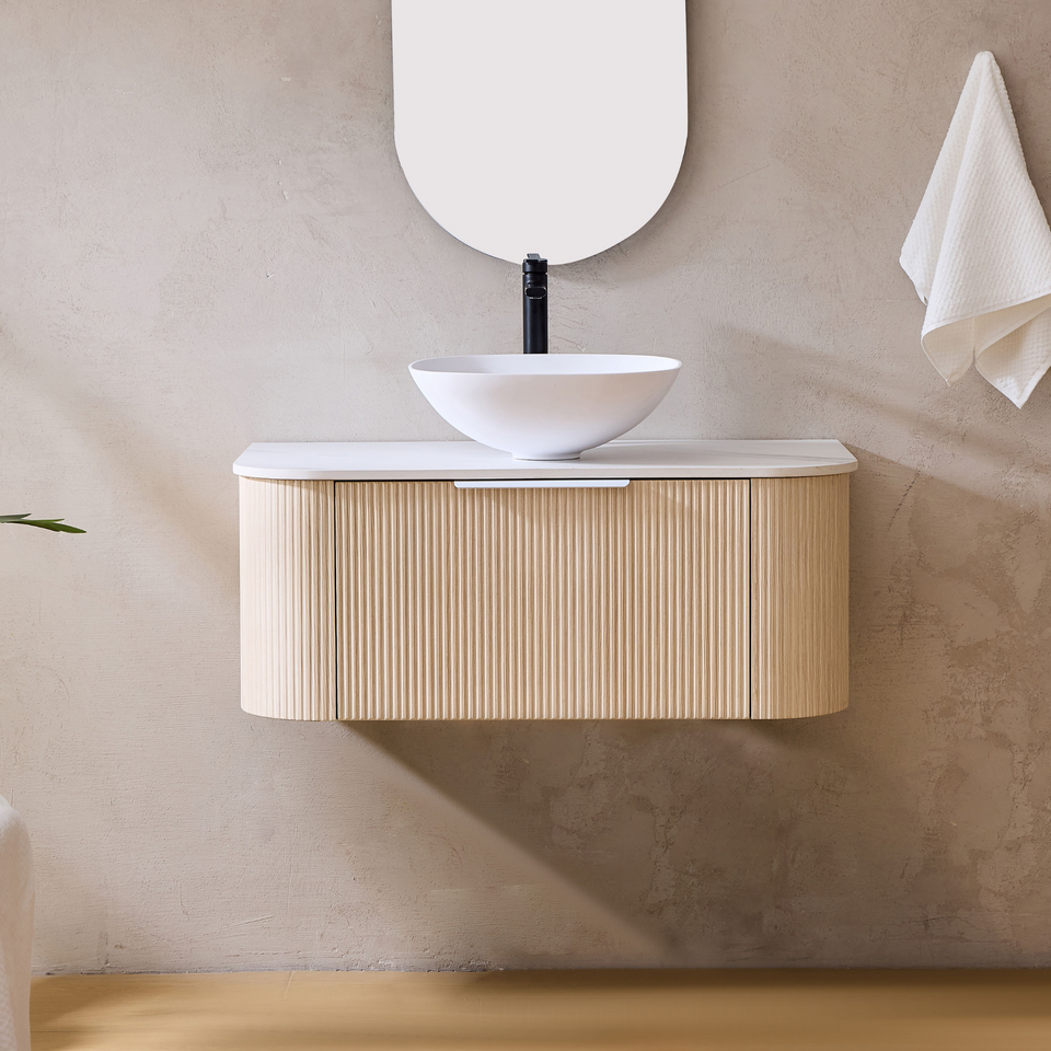 Lukka Agena Fluted Curve Single Bowl Wall Hung Vanity - Costal Oak / 1200mm (LK-MA1200W-CO)