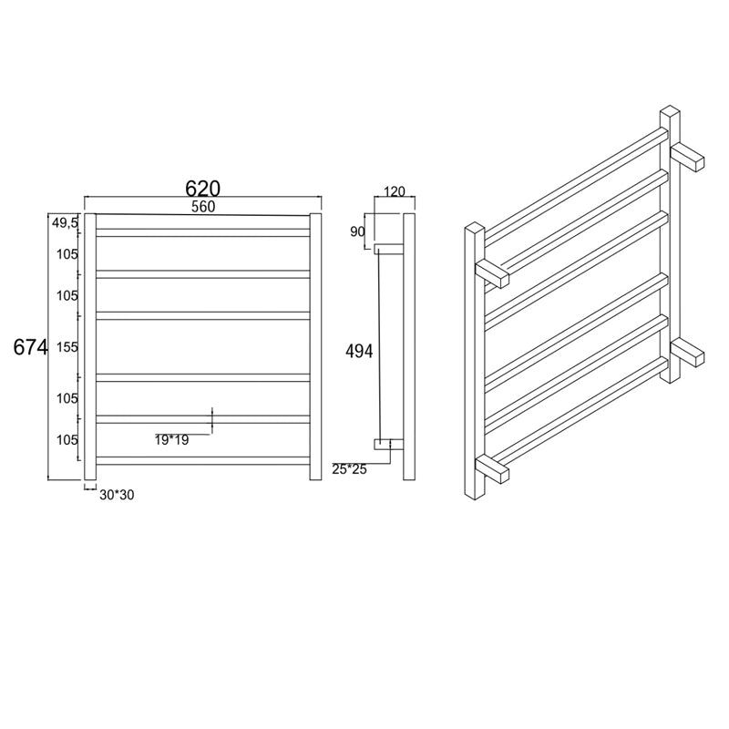 674x620x120mm Electric Heated Towel Rack 6 Bars (CH06.S.HTR)