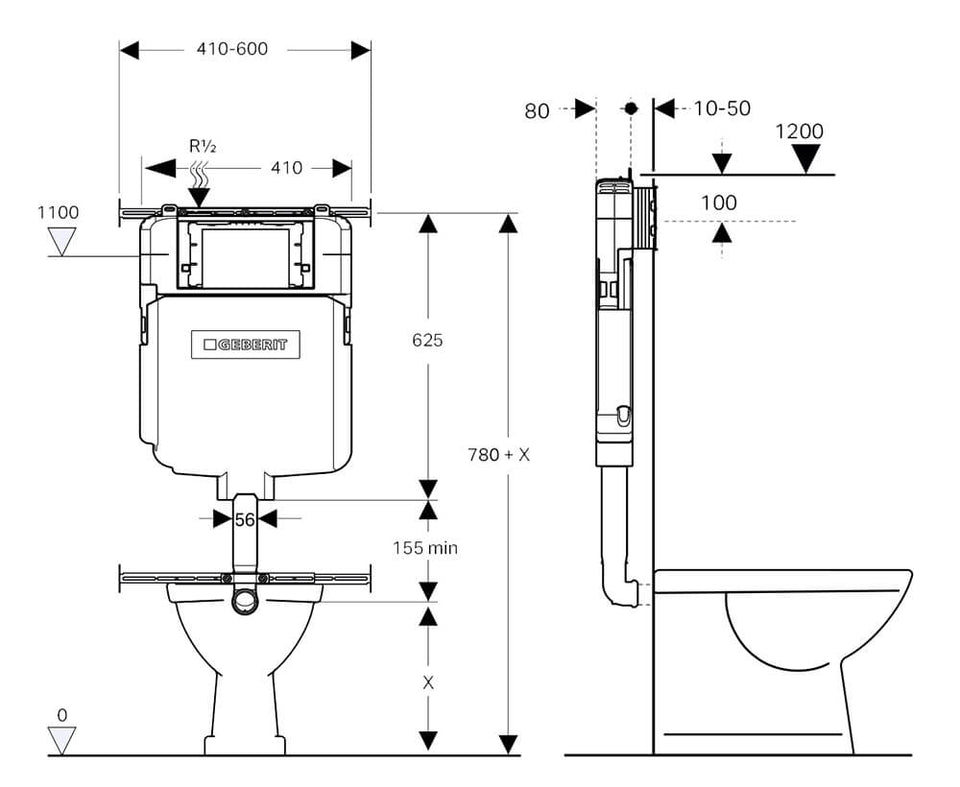 Turner Hastings Fino WhisperFlush Floor Pan & Seat + Geberit In-wall Cistern + ABS Button