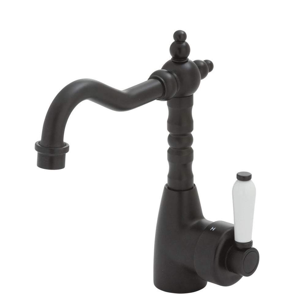 Fienza Eleanor Shepherds Crook Basin Mixer Matte Black / Ceramic