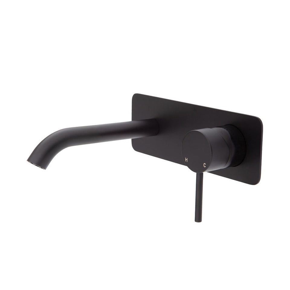 Fienza KAYA Wall Basin Bath Mixer Set Matte Black Square Plate 160mm Outlet