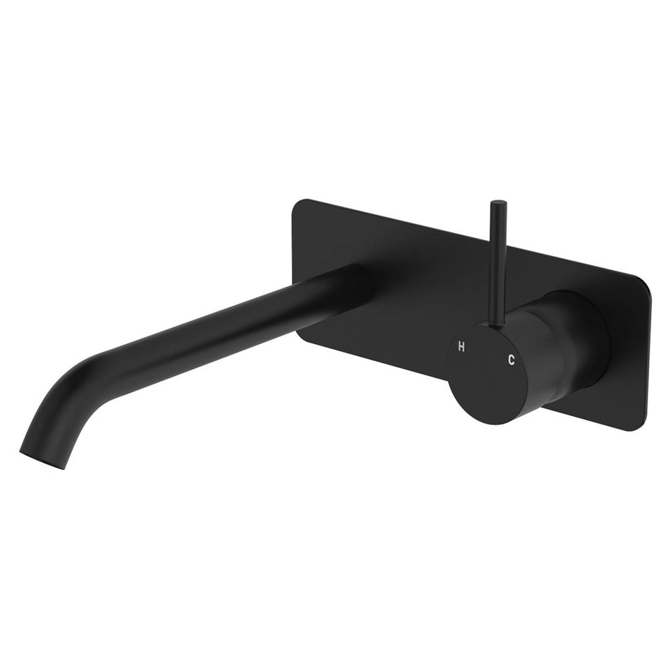 Fienza KAYA UP Wall Basin Bath Mixer Set Matte Black Square Plate 200mm Outlet
