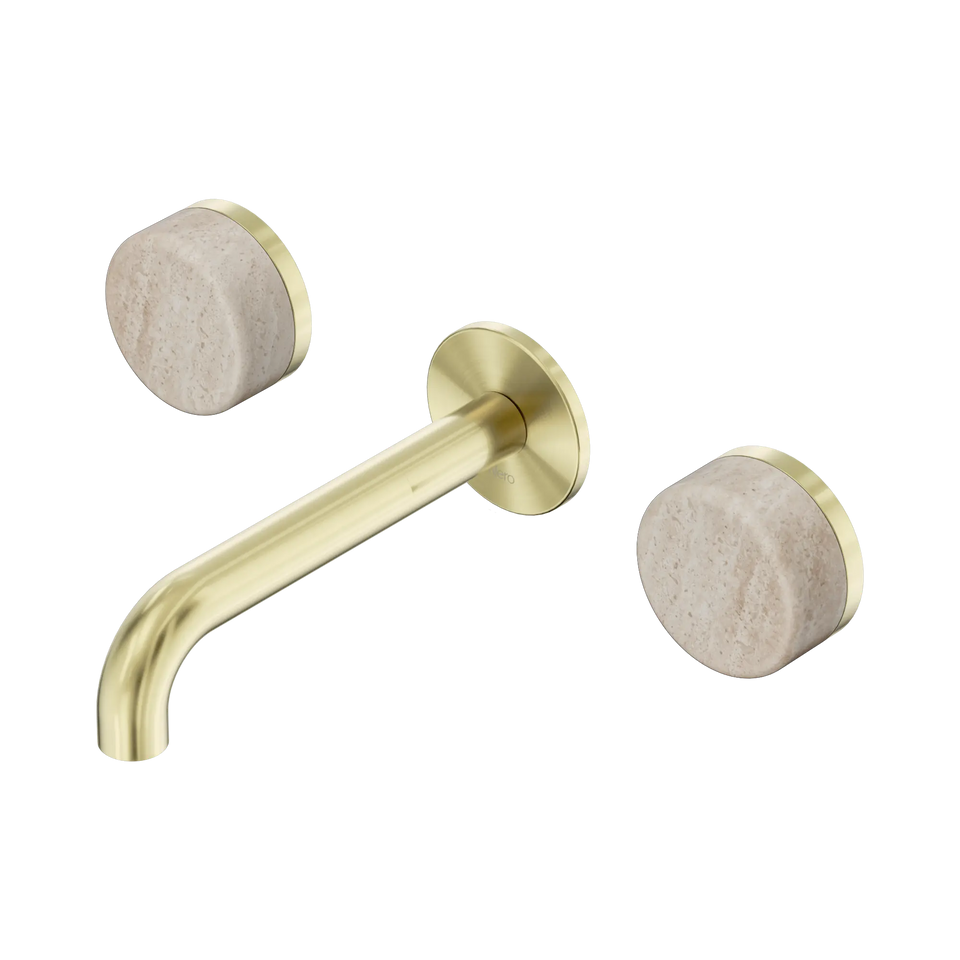 Nero Serenity Wall Basin Set 160/185/220mm Spout With Rome Travertine Handles Brushed Gold