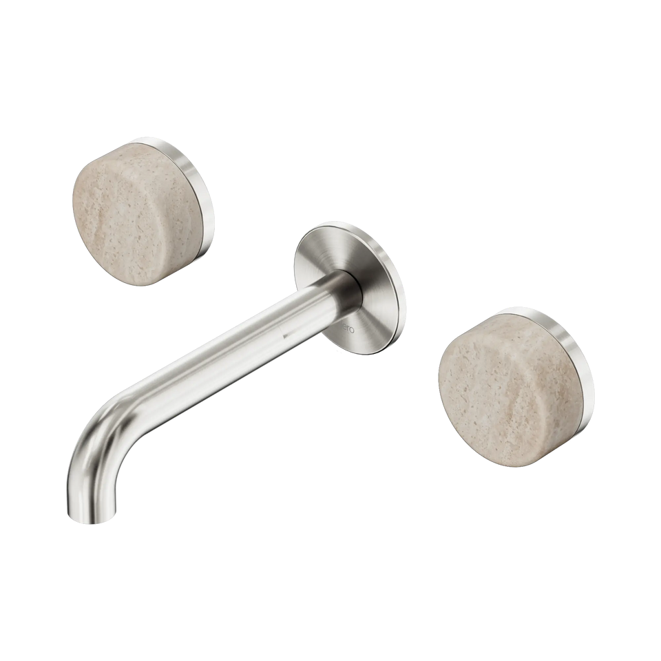 Nero Serenity Wall Basin Set 160/185/220mm Spout With Rome Travertine Handles Brushed Nickel