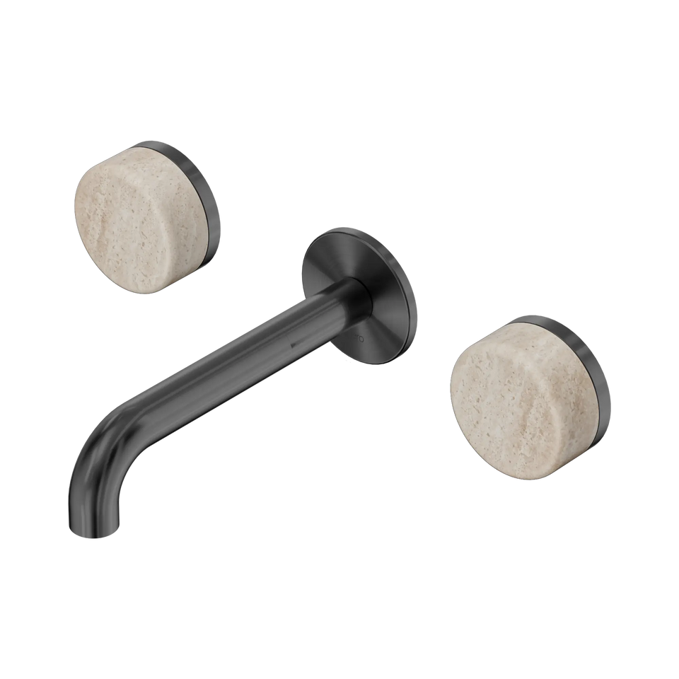 Nero  Serenity Wall Basin Set 160/185/220mm Spout With Rome Travertine Handles Gun Metal