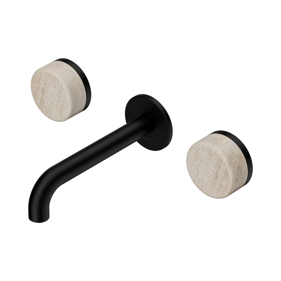 Nero Serenity Wall Basin Set Spout With Rome Travertine Handles - Matte Black / 160MM (24D037MB)