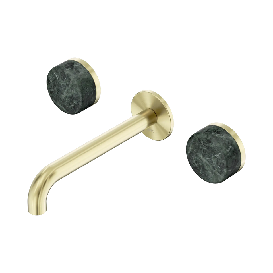 Nero Serenity Wall Basin Set Spout With Verde Alpi Handles - Brushed Gold / 185MM (24D042BG)