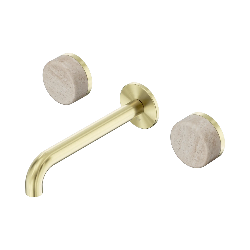 Nero Serenity Wall Basin Set Spout With Rome Travertine Handles - Brushed Gold / 185MM (24D043BG)