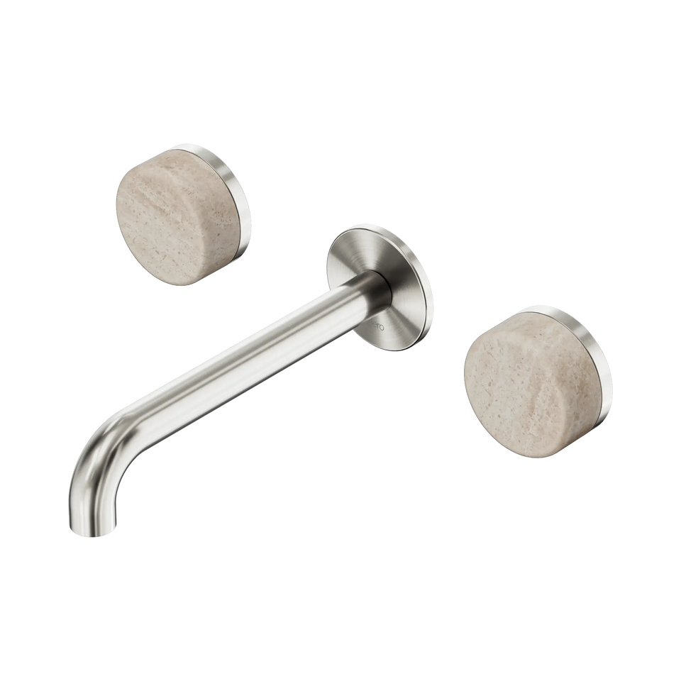 Nero Serenity Wall Basin Set Spout With Rome Travertine Handles - Brushed Nickel / 185MM (24D043BN)