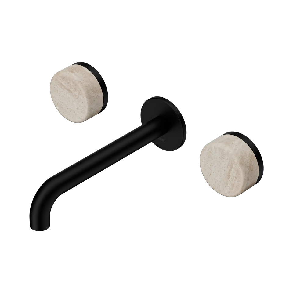 Nero Serenity Wall Basin Set Spout With Rome Travertine Handles - Matte Black / 185MM (24D043MB)