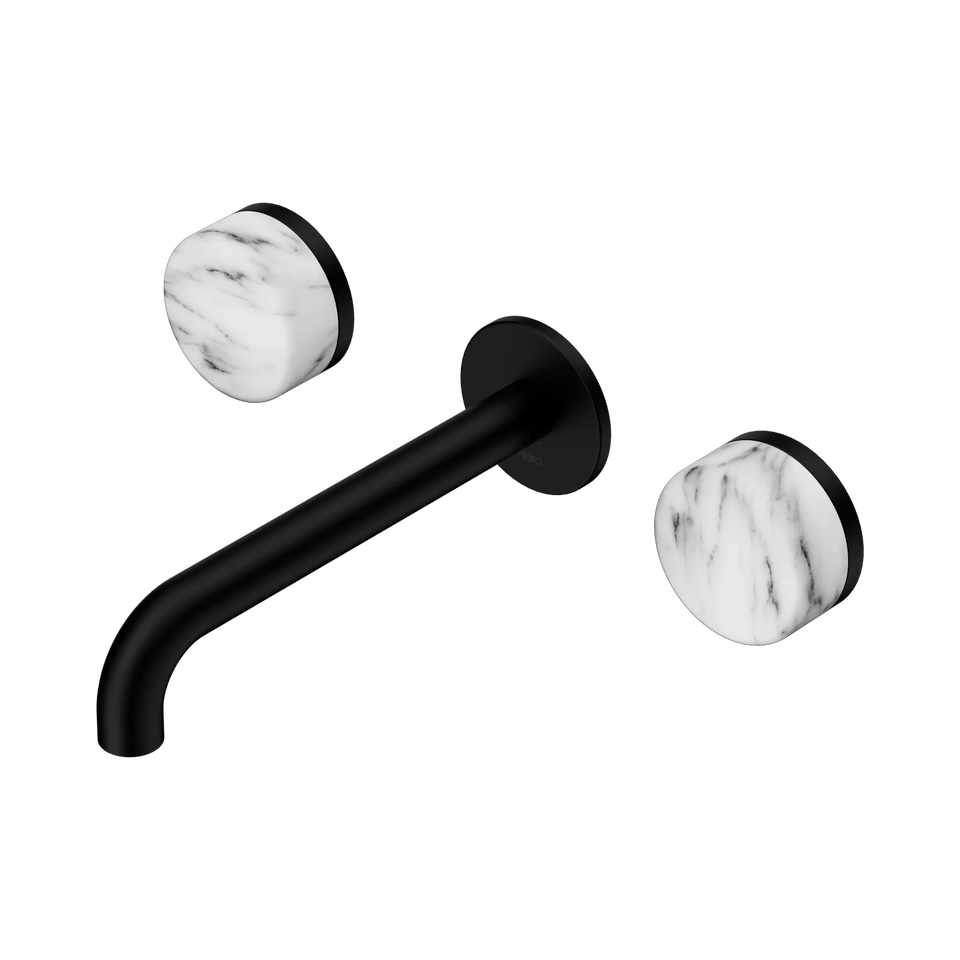 Nero Serenity Wall Basin Set 160/185/220mm Spout With Arabescato Corchia Handles Matte Black