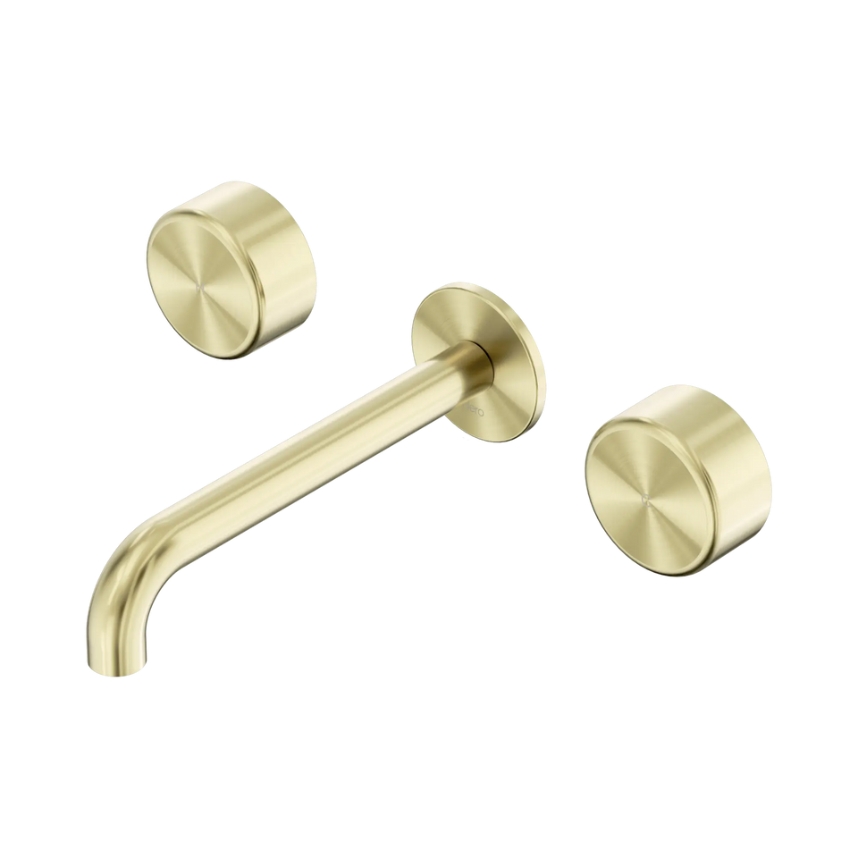 Nero Serenity Wall Basin Set 160/185/220mm Spout With Nero Metal Handles Brushed Gold