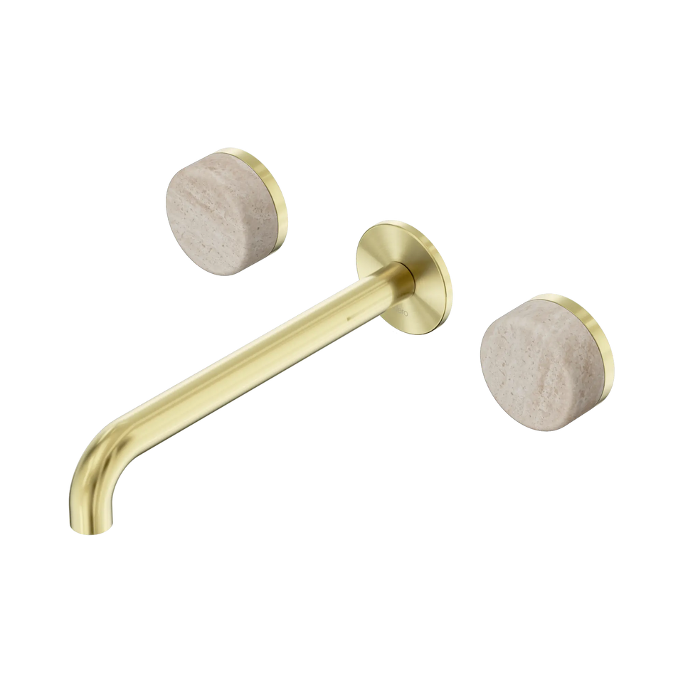 Nero Serenity Wall Basin Set 160/185/220mm Spout With Rome Travertine Handles Brushed Gold