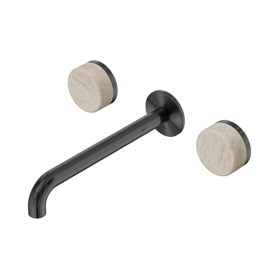 Nero  Serenity Wall Basin Set 160/185/220mm Spout With Rome Travertine Handles Gun Metal