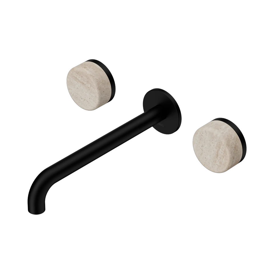 Nero Serenity Wall Basin Set Spout With Rome Travertine Handles - Matte Black / 220MM (24D049MB)