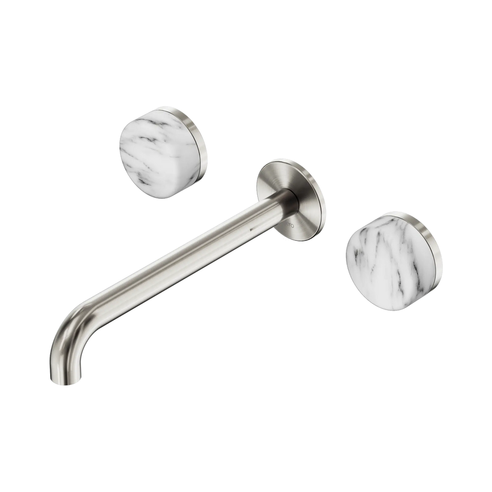 Nero Serenity Wall Basin Set 160/185/220mm Spout With Arabescato Corchia Handles Brushed Nickel