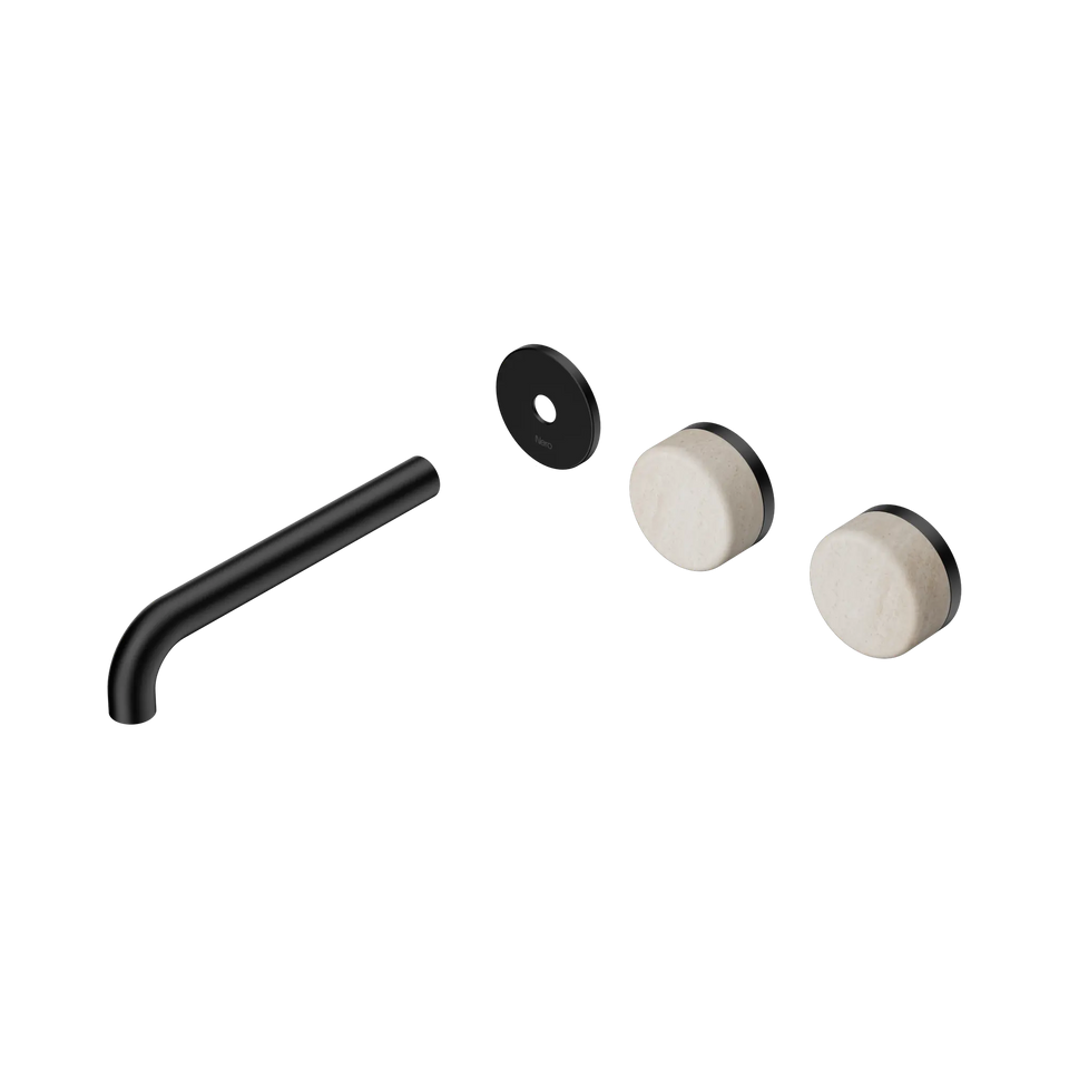 Nero Serenity Wall Basin/Bath Set Offset Spout With Rome Travertine Handles Trim Kit Only - Matte Black / 185MM (24D100MB)