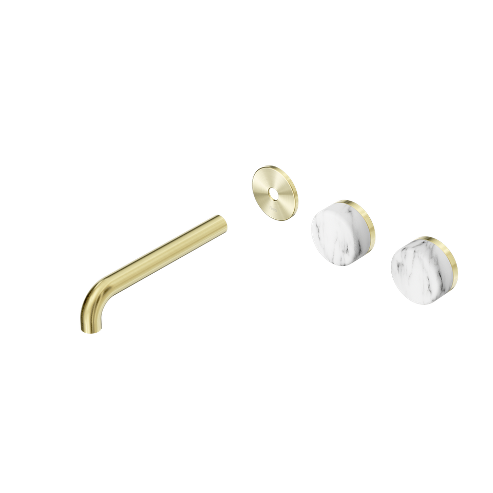 Nero Serenity Wall Basin/Bath Set 160/185/220mm Offset Spout With Arabescato Corchia Handles Trim Kit Only Brushed Gold