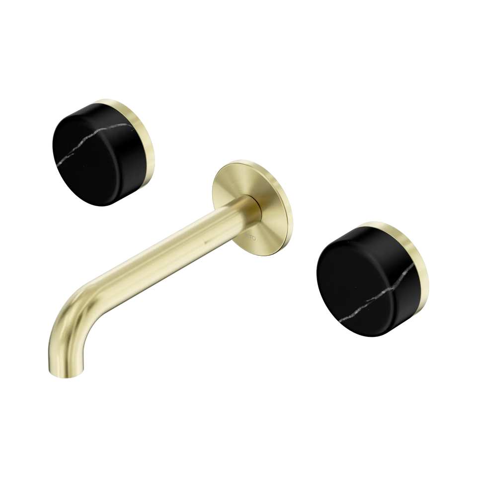 Nero Serenity Wall Basin Set 160/185/220mm Spout With Nero Marquina Handles Brushed Gold
