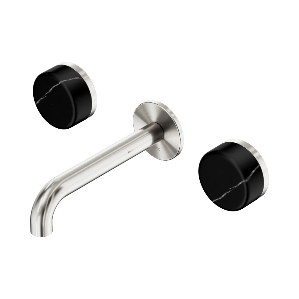 Nero Serenity Wall Basin Set 160/185/220mm Spout With Nero Marquina Handles Brushed Nickel