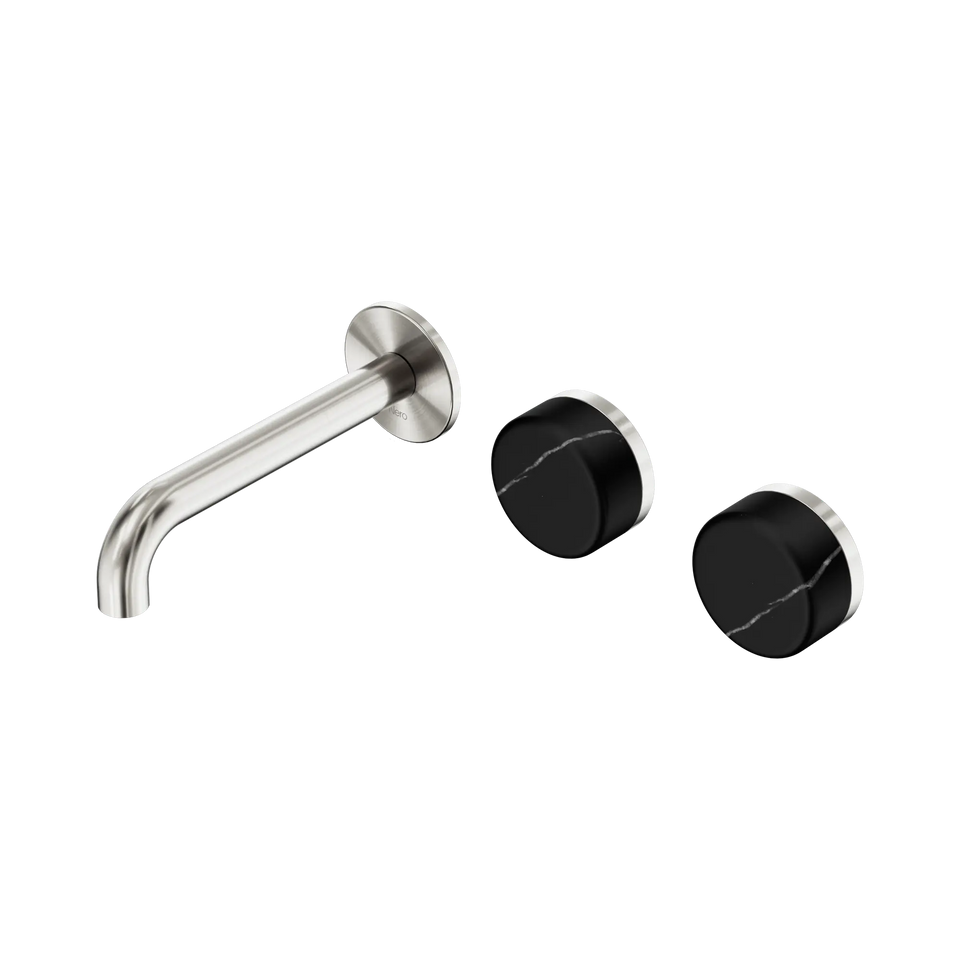 Nero Serenity Wall Basin/Bath Set Offset Spout With Marquina Black Handles - Brushed Nickel / 160MM (24D124BN)