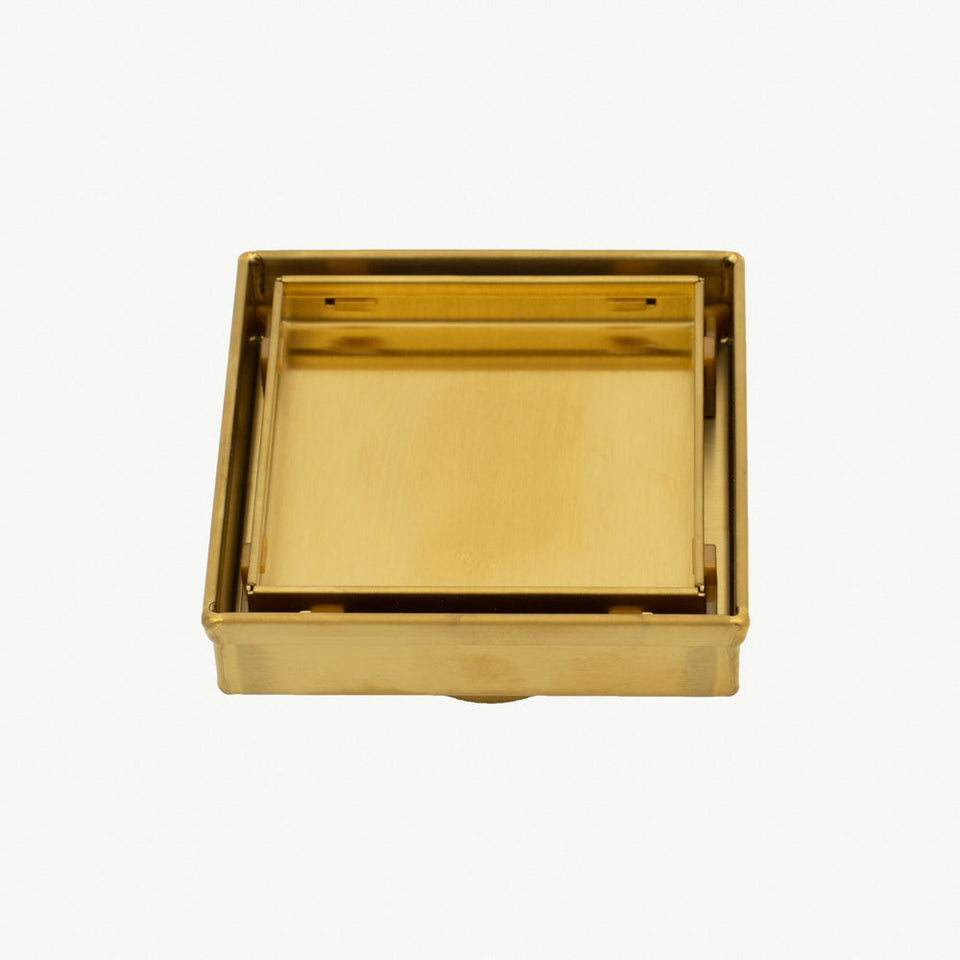 Radiant Square Tile Insert Floor Grate - Brushed Gold / 100x100mm / 74mm (316-GLD-RGS-100-74)