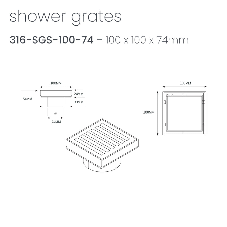 Radiant Square Slotted Floor Grate (Gun Metal Grey) 100mm x 100mm (74mm Outlet) (316-GMG-SGS-100-74) 4