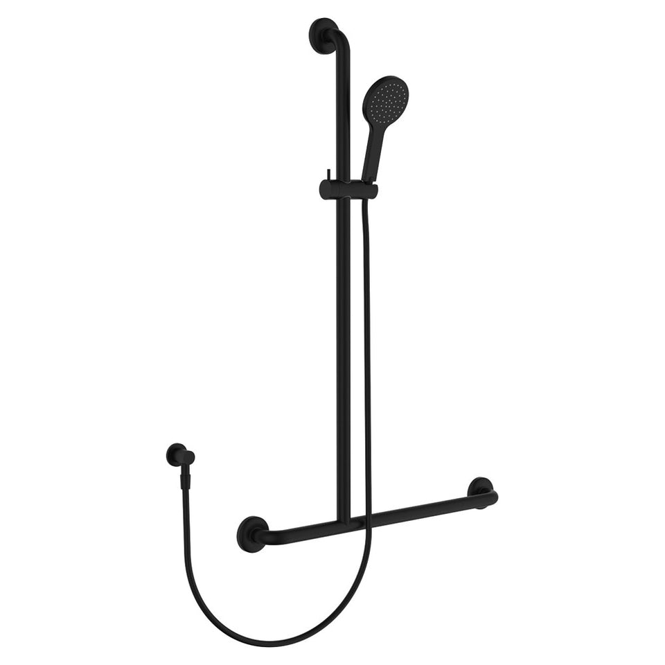 Fienza HUSTLE CARE Matte Black Inverted T Rail Shower, Left-Hand Disabled Shower
