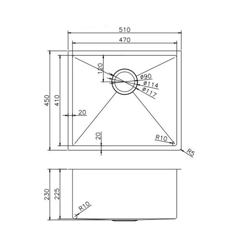 510x450x230mm 1.2mm Handmade Top/Undermount Single Bowl Kitchen/Laundry Sink (CH5145.KS)