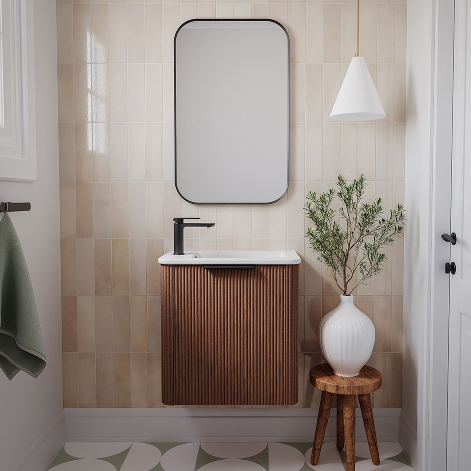 Fienza Minka Mini 550 Wall-Hung Vanity, Left Hand Tap, Walnut