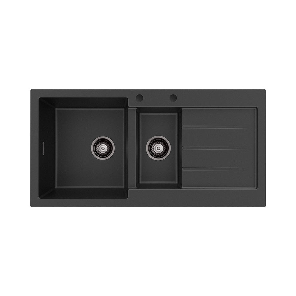 Fienza Kuro Granite 32L/14L Double Kitchen Sink with Drainer Left Bowl 2 Tap Holes Matte Black