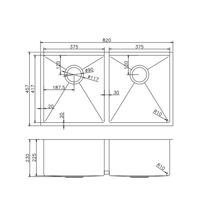820x457x230mm 1.2mm Handmade Top/Undermount Double Bowls Kitchen Sink Stainless Steel 304 (CH8245.KS)