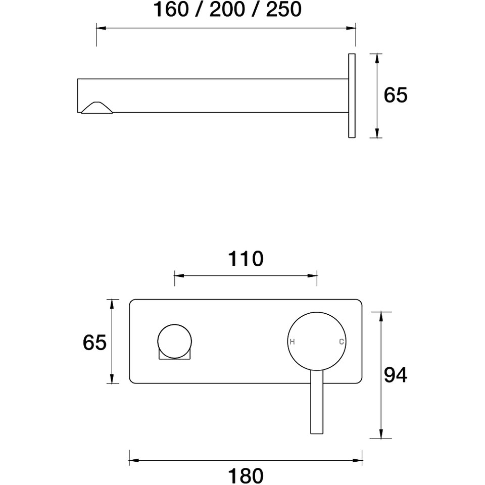 PAR Taps Lugano Wall Bath Mixer Set 160mm outlet Incl. plate technical drawing (A22.041.1)