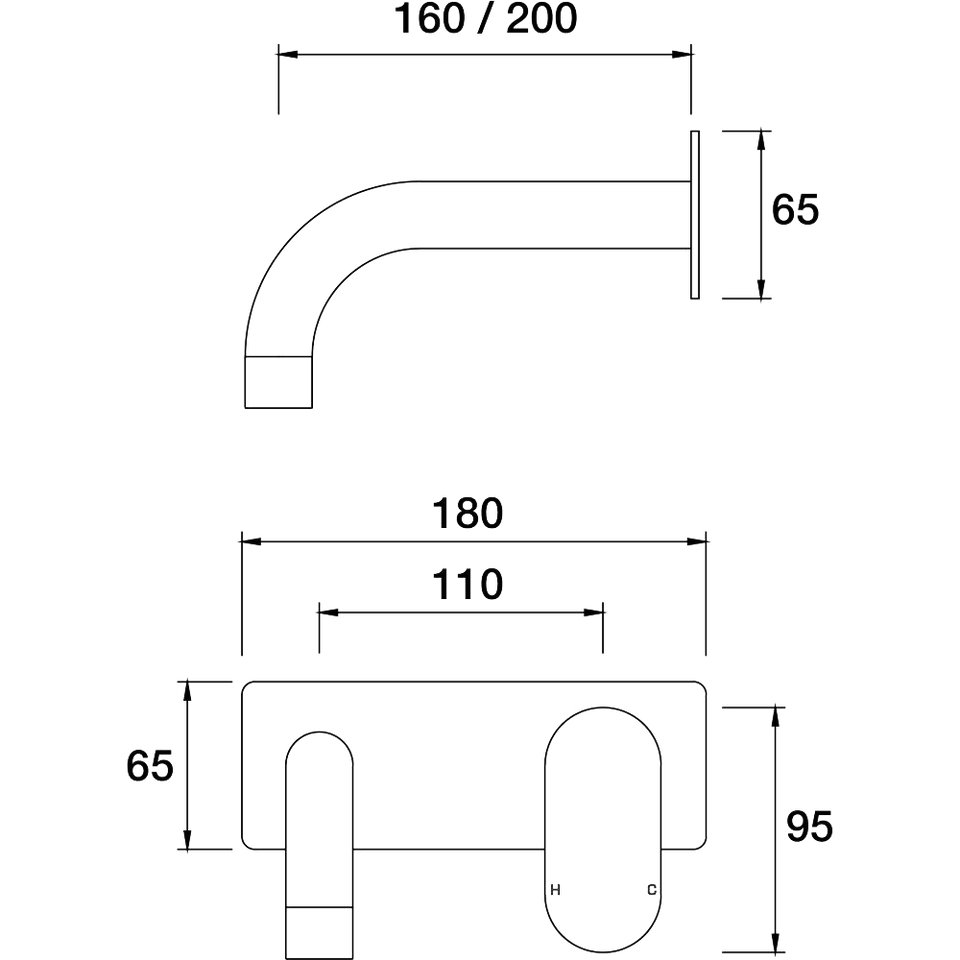 PAR Taps Lava Wall Bath Mixer Set 200mm outlet Incl. plate technical drawing (A23.041.2)