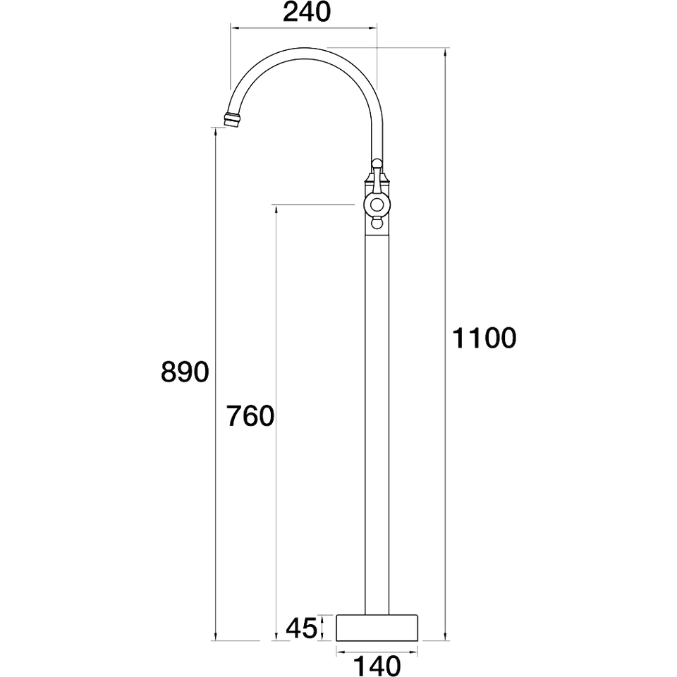 PAR Taps Tudor Floor Bath Filler Mixer - Gooseneck technical drawing (A31.072.1)