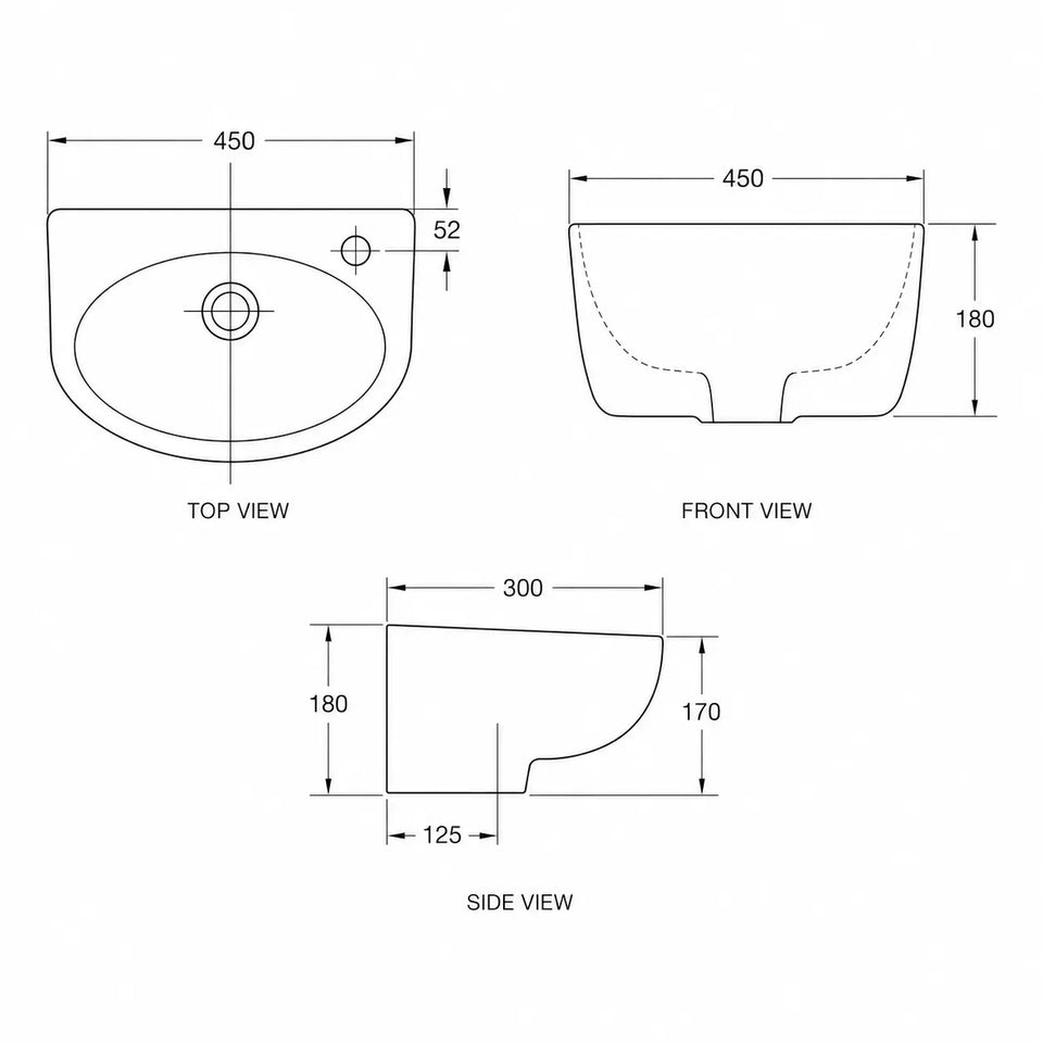American Standard Studio 450 Wall Basin - 1 Tap Hole - Overflow - Inc Fixing Kit
