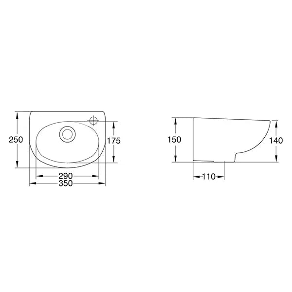 American Standard Studio 350 Wall Basin - 1 Tap Hole - Overflow - Inc Fixing Kit