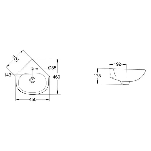 American Standard Studio 450 Corner Wall Basin - 1 Tap Hole Overflow - Inc Fixing Kit