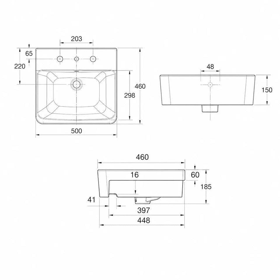 American Standard Heron Square 500 Semi Recessed Basin - 1 Taphole - Overflow