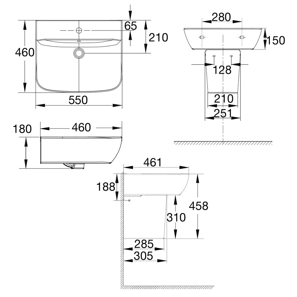 American Standard Cygnet 550 Wall Basin - 1 Taphole - Overflow - Inc Fixing Kit