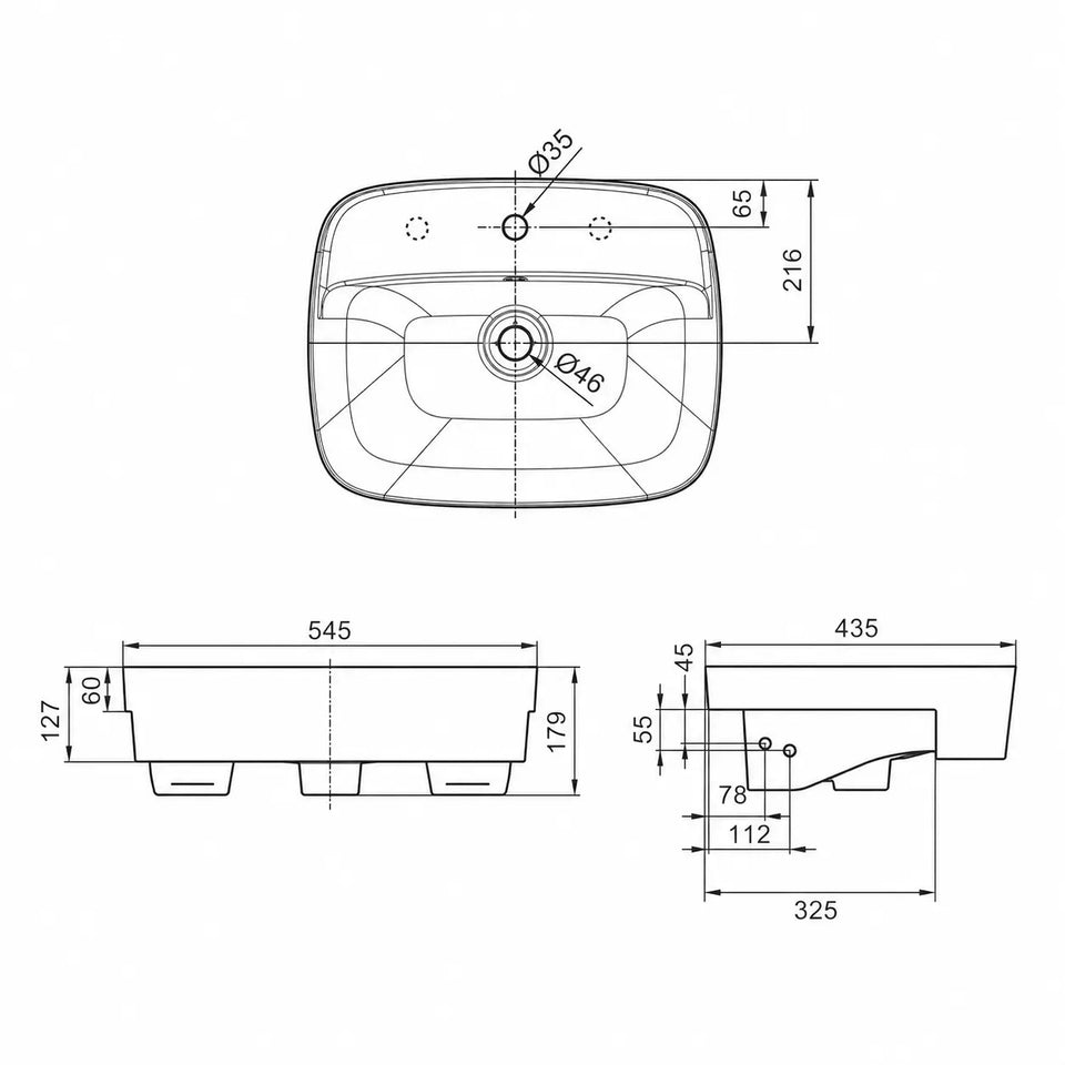 American Standard Signature 550 Semi Recessed Basin - 3 Tap Hole - Overflow