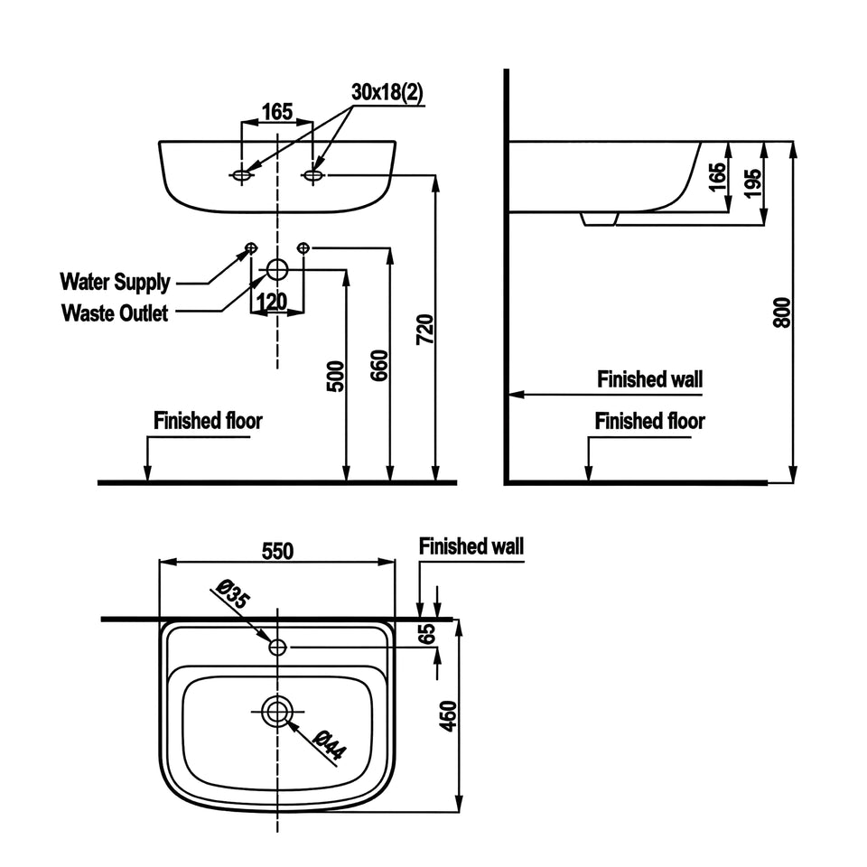 American Standard Loven 550 Wall Hung Basin - 1 Tap Hole - Overflow