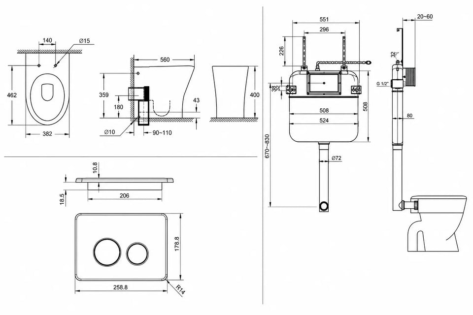 American Standard Signature Hygiene Rim BTW Toilet Suite with In-Wall Cistern & Push Plate