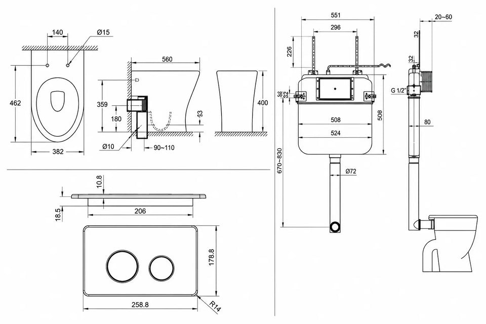 American Standard Signature Hygiene Rim BTW With CrystaSleek Seat With R&T In-wall Cistern and Push Plate