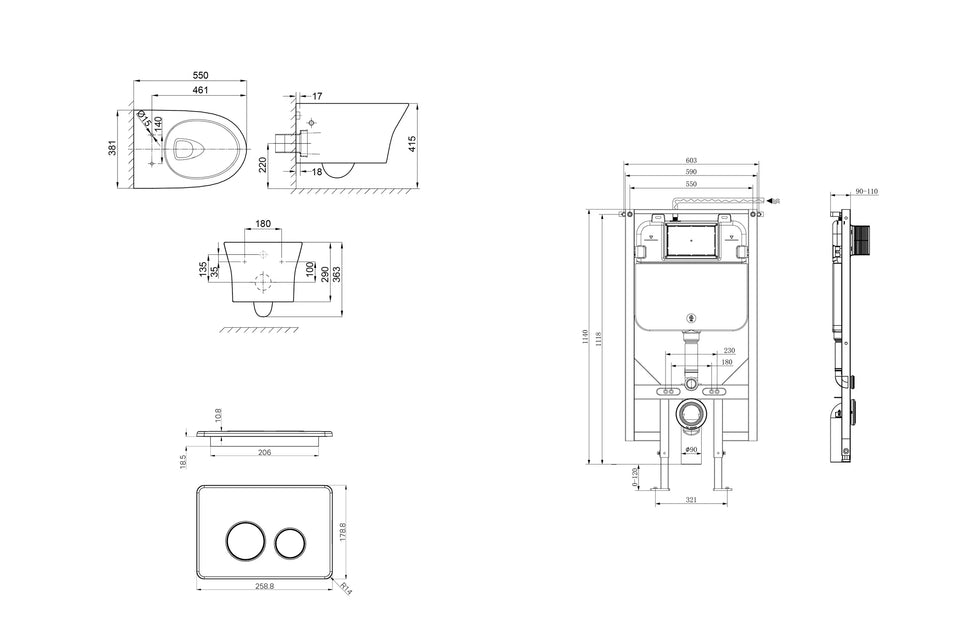 American Standard Signature Hygiene Rim Wall Hung Pan With CrystaSleek Seat With R&T In-wall Cistern and Push Plate