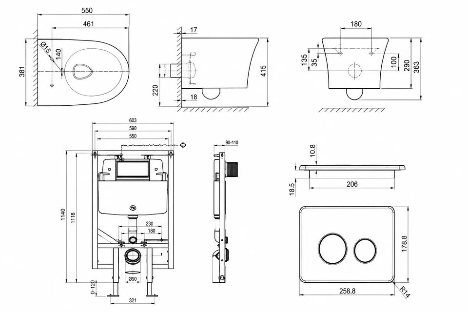 American Standard Signature Hygiene Rim Wall Hung Pan With R&T In-wall Cistern and Push Plate