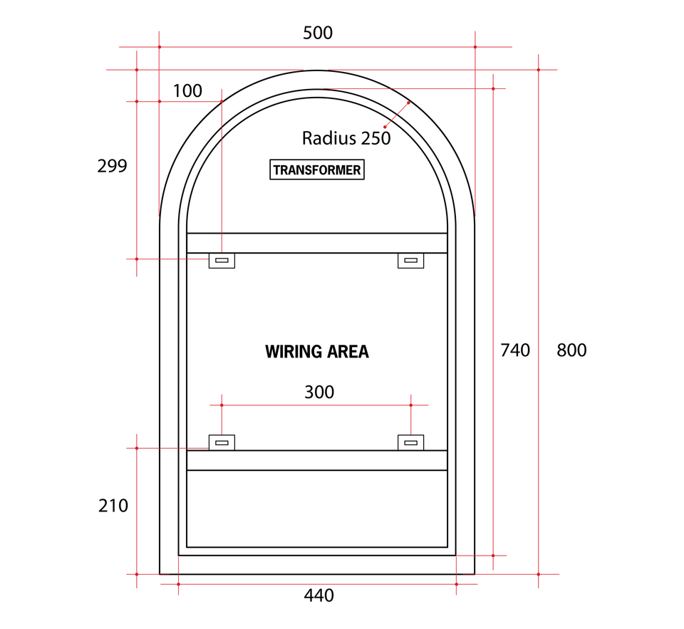 Ablaze AS500W Arch Shape Premium Backlit Mirror technical drawing (AS500W)