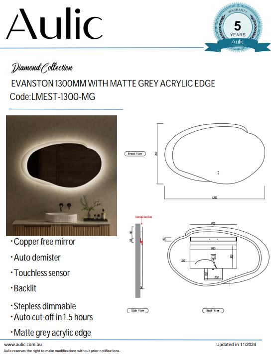 Aulic Evanston Asymetrical LED Mirror - 1300mm / Matte White (LMEST-1300-MW)