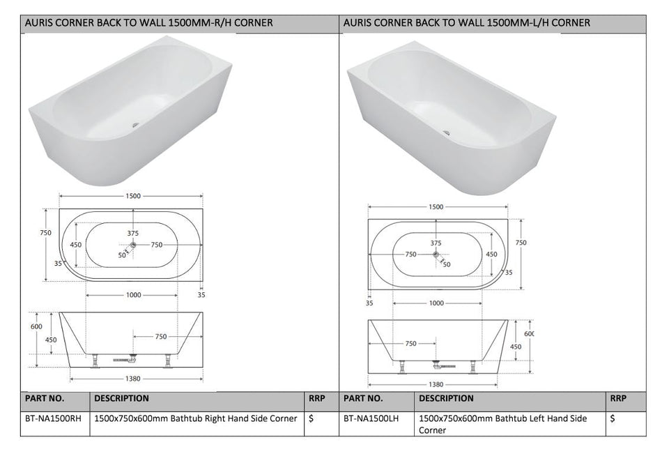 Cassa Designs Auris Left Corner Back to Wall Bathtub