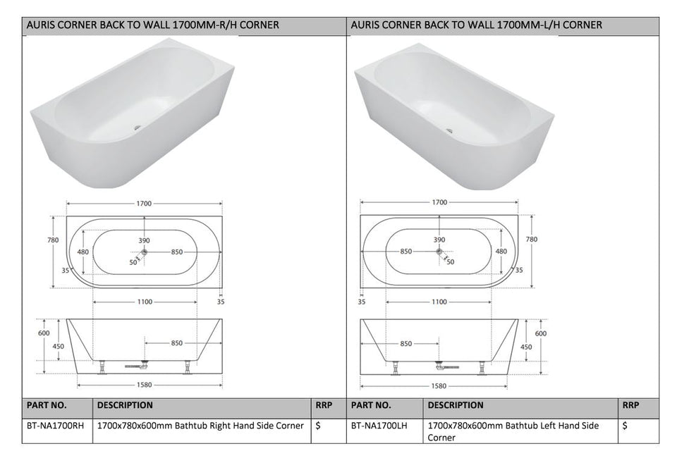 Cassa Designs Auris Left Corner Back to Wall Bathtub